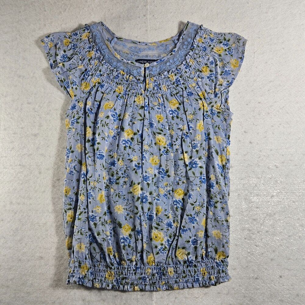 Bandolinoblu Top Women Small Blue Smocked Floral Mesh Embroidered Peasant New
